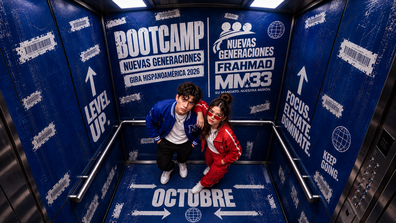 Bootcamp Nuevas Generaciones, Gira Hispanoamérica 2026: dos jóvenes en un ascensor azul con la identidad del encuentro